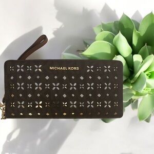 Michael Kors Brown Perforated Floral Clutch
